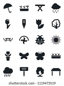 Set of vector isolated black icon - umbrella vector, sun, flower in pot, ripper, tree, butterfly, lady bug, seedling, rain, plant label, picnic table, tulip