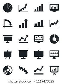 Set of vector isolated black icon - growth statistic vector, presentation board, crisis graph, circle chart, monitor pulse, statistics, bar, pie, point