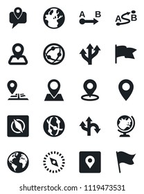 Set of vector isolated black icon - globe vector, route, navigation, earth, pin, mobile tracking, network, place tag, compass, flag