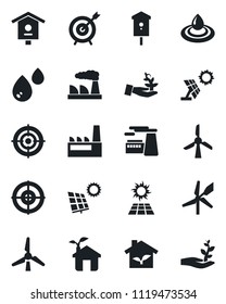 Set of vector isolated black icon - factory vector, bird house, target, sun panel, windmill, eco, water, palm sproute