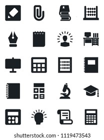 Set of vector isolated black icon - calculator vector, graduate, desk, notepad, contract, microscope, notes, copybook, presentation board, paper clip, abacus, ink pen, book, shining head