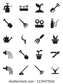 Set of vector isolated black icon - job vector, garden fork, shovel, rake, seedling, watering can, sproute, pruner, hoe, sickle, sprayer, flower in pot, irrigation