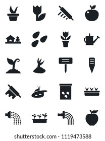 Set of vector isolated black icon - flower in pot vector, seedling, watering can, sproute, plant label, seeds, tulip, house with tree, pond, rolling pin, apple fruit