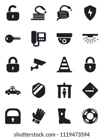Set of vector isolated black icon - security gate vector, smoking place, alarm car, border cone, lock, glove, boot, hose, shield, protect, key, intercome, surveillance, sprinkler, crisis management