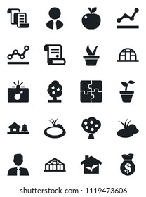 Set of vector isolated black icon - bomb in case vector, contract, seedling, greenhouse, pond, application, point graph, house with tree, fruit, estate agent, apple, eco, money bag