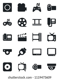 Set of vector isolated black icon - clapboard vector, film frame, reel, tv, gamepad, video camera, rec button, hdmi, record, web, intercome, surveillance