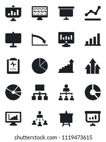Set of vector isolated black icon - growth statistic vector, hierarchy, presentation board, monitor, circle chart, pulse, clipboard, statistics, bar graph, pie, point, arrow up, crisis