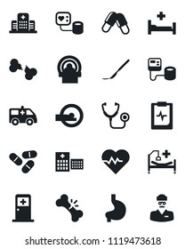 Set of vector isolated black icon - medical room vector, heart pulse, stethoscope, blood pressure, pills, scalpel, tomography, ambulance car, hospital bed, stomach, broken bone, clipboard, doctor