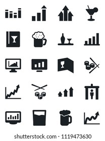 Set of vector isolated black icon - security gate vector, growth statistic, monitor, equalizer, statistics, bar graph, alcohol, wine card, drink, cocktail, beer, sushi, arrow up