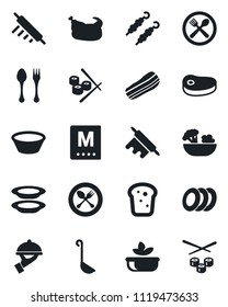 Set of vector isolated black icon - spoon and fork vector, cafe, menu, salad, plates, bacon, waiter, bread, chicken, steak, kebab, ladle, bowl, rolling pin, sushi