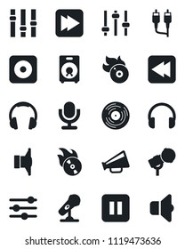 Set of vector isolated black icon - vinyl vector, flame disk, microphone, speaker, loudspeaker, settings, headphones, pause button, fast forward, rewind, rec, rca, tuning, sound