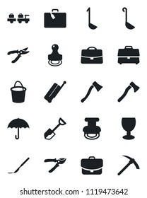 Set of vector isolated black icon - suitcase vector, baggage larry, shovel, bucket, pruner, axe, scalpel, fragile, umbrella, case, stamp, ladle, hard work