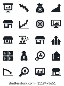 Set of vector isolated black icon - shop vector, checkroom, growth statistic, money bag, crisis graph, store, monitor statistics, hr, target, consumer search, arrow up, wallet, presentation