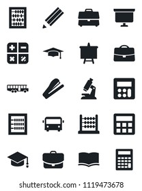Set of vector isolated black icon - airport bus vector, book, calculator, graduate, abacus, presentation board, microscope, case, pencil, stapler