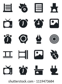 Set of vector isolated black icon - alarm clock vector, stamp, fireplace, film frame, vinyl, flame disk, gallery, abacus, ink pen, tv, power plug