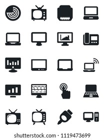 Set of vector isolated black icon - wireless notebook vector, radar, pc, statistic monitor, pulse, tv, touch screen, laptop, hdmi, statistics, intercome