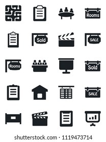 Set of vector isolated black icon - fence vector, flight table, meeting, clipboard, clapboard, presentation board, sale, rooms, sold signboard, smart home, chip