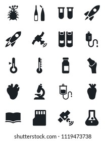 Set of vector isolated black icon - book vector, blood test vial, dropper, microscope, ampoule, real heart, joint, virus, satellite, sd, thermometer, rocket, flask