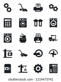 Set of vector isolated black icon - coffee machine vector, washer, fork loader, gear, ripper, lawn mower, tomography, printer, copier, crane, water filter, combination lock