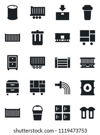 Set of vector isolated black icon - trash bin vector, checkroom, bucket, watering, railroad, truck trailer, cargo container, consolidated, package, oil barrel, archive box, water filter