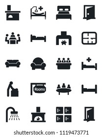 Set of vector isolated black icon - baby room vector, bed, shower, checkroom, meeting, fireplace, hospital, plan, rooms, bedroom, cushioned furniture, door