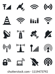Set of vector isolated black icon - antenna vector, wireless notebook, border cone, satellite, equalizer, mute, cellular signal, lock