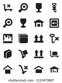 Set of vector isolated black icon - baggage trolley vector, fragile, cargo, warehouse storage, up side sign, no, hook, search, scanner, blank box