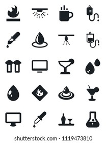 Set of vector isolated black icon - hot cup vector, water drop, dropper, flammable, monitor, alcohol, cocktail, filter, sprinkler, flask
