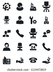 Set of vector isolated black icon - office chair vector, phone, 24 hours, support, speaker, radio, call, root setup, palm sproute