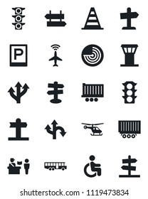 Set of vector isolated black icon - airport tower vector, plane radar, bus, parking, passport control, signpost, border cone, helicopter, disabled, route, traffic light, truck trailer, guidepost