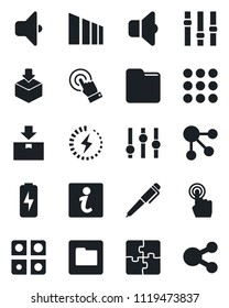 Set of vector isolated black icon - package vector, sorting, settings, touch screen, menu, folder, charge, application, pen, sound, information, social media