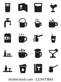 Set of vector isolated black icon - coffee machine vector, water supply, alcohol, wine card, drink, cocktail, phyto bar, beer, turkish