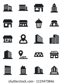Set of vector isolated black icon - taxi vector, shop, office building, garden light, navigation, store, city house, cafe, storefront