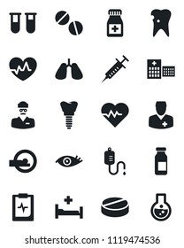 Set of vector isolated black icon - heart pulse vector, syringe, blood test vial, dropper, pills, bottle, ampoule, tomography, hospital bed, lungs, caries, implant, eye, clipboard, doctor, flask