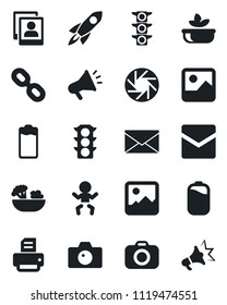 Set of vector isolated black icon - baby vector, camera, mail, printer, traffic light, chain, battery, mobile, gallery, photo, salad, rocket, advertising