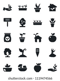 Set of vector isolated black icon - flower in pot vector, seedling, tree, sproute, plant label, fertilizer, fruit, salad, apple, eco house, palm