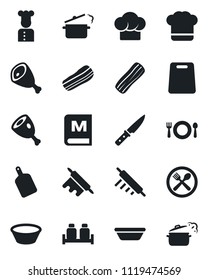 Set of vector isolated black icon - cook vector, cafe, hat, menu, bacon, salt and pepper, ham, bowl, rolling pin, cutting board, knife, steaming pan