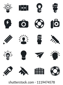 Set of vector isolated black icon - automatic door vector, brainstorm, bulb, camera, pencil, fence, rolling pin, energy saving, shining head, idea, paper plane, crisis management