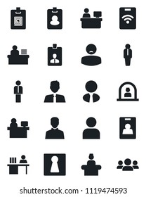 Set of vector isolated black icon - female vector, reception, manager, identity card, place, patient, user, desk, estate agent, pass, group