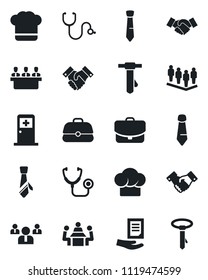 Set of vector isolated black icon - medical room vector, handshake, team, tie, document, stethoscope, meeting, cook hat, case