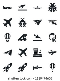 Set of vector isolated black icon - plane vector, departure, arrival, ladder car, boarding, helicopter, globe, airport building, lady bug, rocket, paper, air balloon