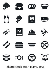 Set of vector isolated black icon - spoon and fork vector, dish, cafe, menu, plates, waiter, steak, kebab, hamburger, bowl, sushi
