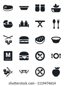 Set of vector isolated black icon - spoon and fork vector, picnic table, cafe, menu, salad, salt pepper, steak, hamburger, bowl, sushi, apple fruit
