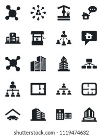 Set of vector isolated black icon - hierarchy vector, well, molecule, hospital, office building, garage, plan, home message