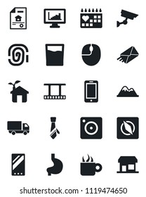 Set of vector isolated black icon - mobile phone vector, mouse, stomach, medical calendar, car delivery, film frame, camera, compass, monitor statistics, tie, mountains, estate document, drink, mail