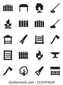 Set of vector isolated black icon - fence vector, tree, saw, fire, hoe, axe, abacus, table, alcove