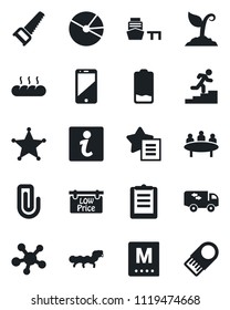 Set of vector isolated black icon - meeting vector, sproute, saw, caterpillar, sea port, clipboard, cell phone, share, favorites list, low battery, paper clip, pie graph, career ladder, moving, menu