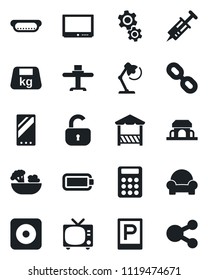 Set of vector isolated black icon - parking vector, tv, syringe, heavy, chain, rec button, mobile, battery, calculator, desk lamp, lock, cushioned furniture, restaurant table, salad, cafe building