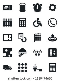 Set of vector isolated black icon - elevator vector, alarm clock, ticket, disabled, seat map, document reload, sun, car delivery, sea port, oil barrel, menu, calculator, plan, phone, waiter, cheese