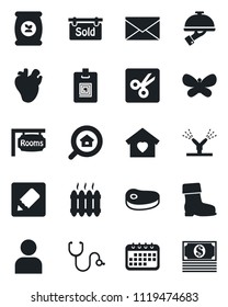 Set of vector isolated black icon - mail vector, boot, butterfly, fertilizer, stethoscope, real heart, user, notes, cut, identity card, rooms, sold signboard, estate search, sweet home, heater, cash